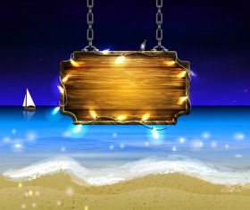 Summer beach with wooded sign vector background 09