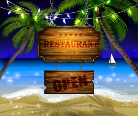 Summer beach with wooded sign vector background 10