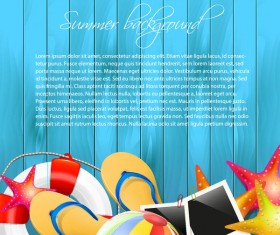 Summer holiday elements with blue wood background vector 01