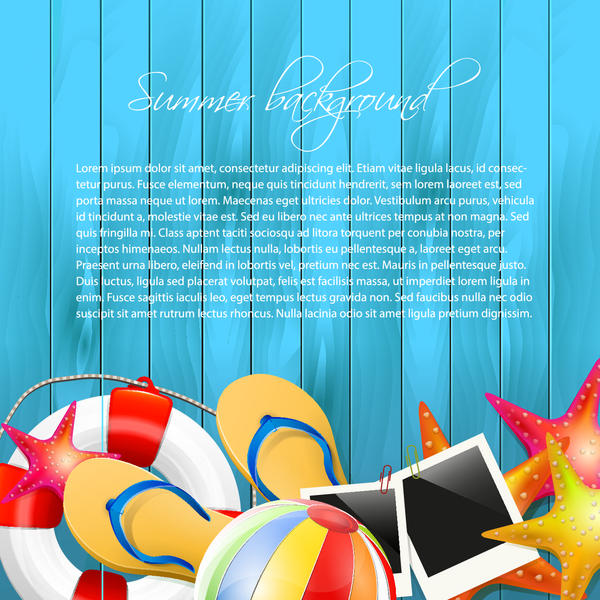 Summer holiday elements with blue wood background vector 01