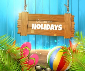 Summer holiday elements with blue wood background vector 02