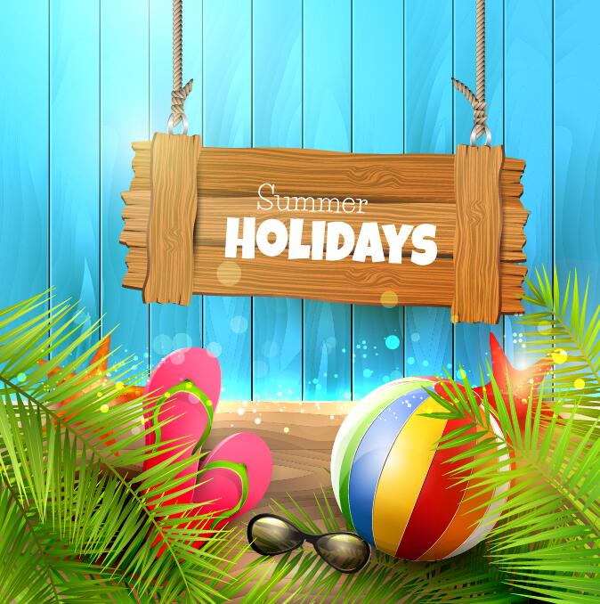 Summer holiday elements with blue wood background vector 02