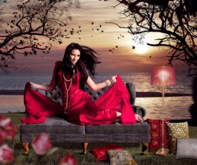 Sunset red dress beautiful woman Stock Photo