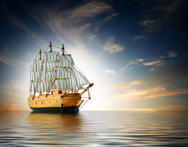 The old sailboat is driving at sea Stock Photo