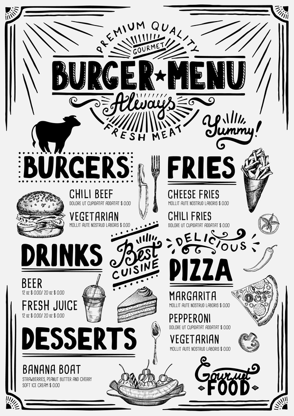 Vintage burger menu template vector material 02