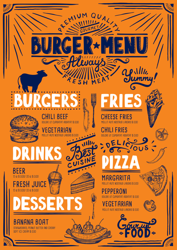 Vintage burger menu template vector material 05