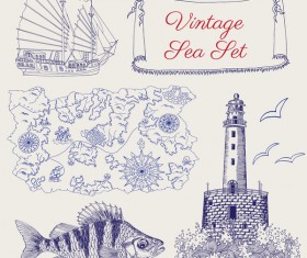 Vintage sea set with pirate map fish and light house vector