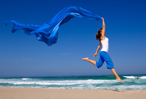Waving blue satin jumping woman HD picture