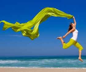 Waving green satin jumping woman HD picture
