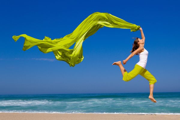 Waving green satin jumping woman HD picture