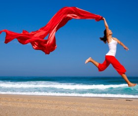 Waving red satin jumping woman HD picture