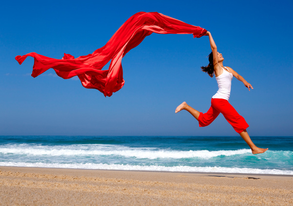 Waving red satin jumping woman HD picture