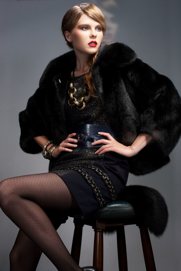 Wearing a black fur female model Stock Photo
