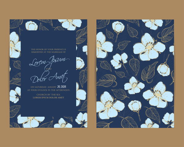 Wedding invitation with navy blue flowers vector 02