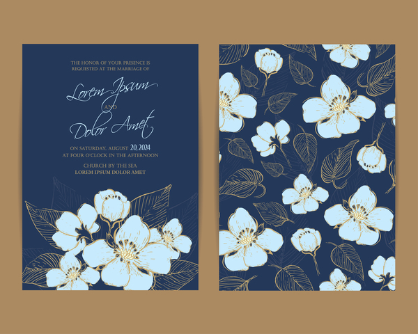 Wedding invitation with navy blue flowers vector 03