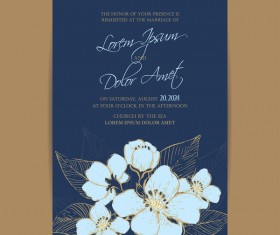 Wedding invitation with navy blue flowers vector 05