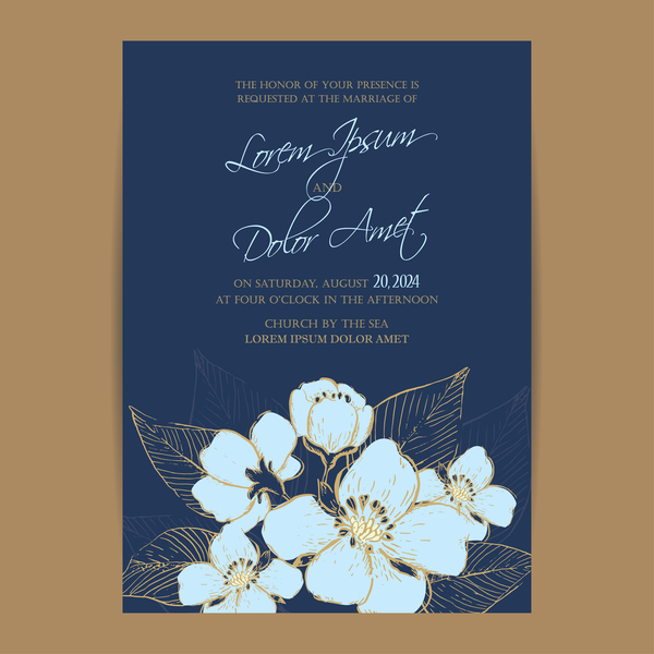 Wedding invitation with navy blue flowers vector 05