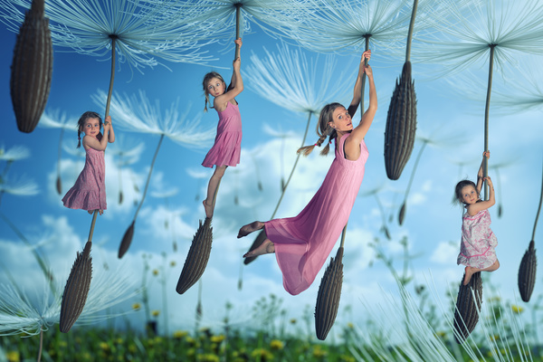 With dandelion soaring blue sky kids Stock Photo