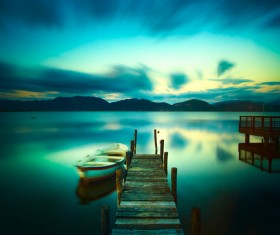 Wooden pier with boat calm lake HD picture