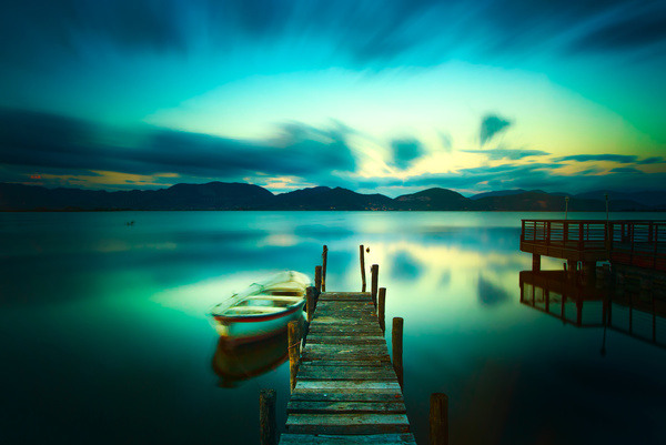Wooden pier with boat calm lake HD picture