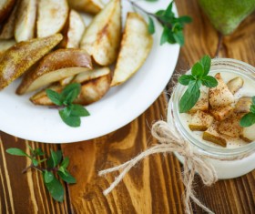 Yogurt and pears Stock Photo