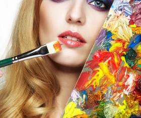 Young woman painter with color palette and paint brush HD picture 03