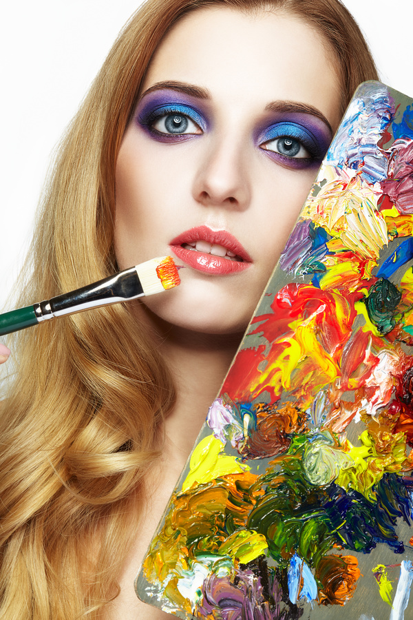 Young woman painter with color palette and paint brush HD picture 03