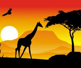 giraffe silhouette with sunset background vector 01