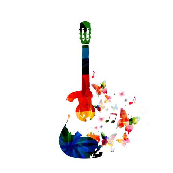 guitar with colorful butterflies vector