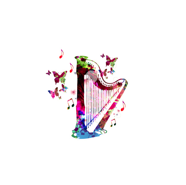 harp with colorful butterflies vector