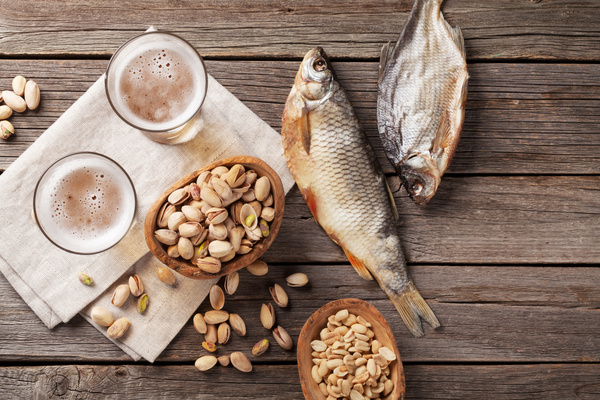 Beer with peanut fish Stock Photo