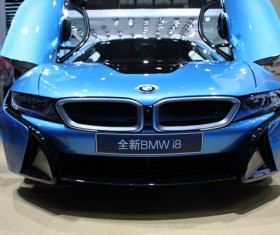 Blue BMW sedan Stock Photo