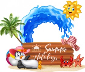 Cartoon summer holiday background with wooden plaque vector 01