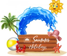 Cartoon summer holiday background with wooden plaque vector 02