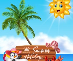 Cartoon summer holiday background with wooden plaque vector 03