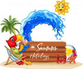 Cartoon summer holiday background with wooden plaque vector 04
