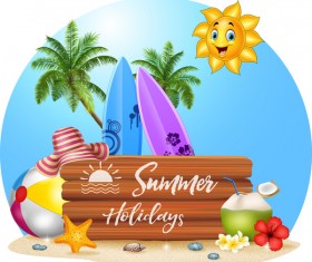 Cartoon summer holiday background with wooden plaque vector 05