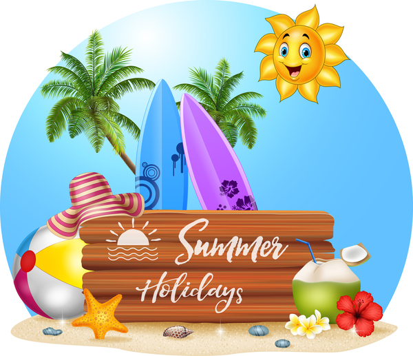 Cartoon summer holiday background with wooden plaque vector 05