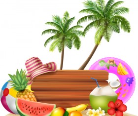 Cartoon summer holiday background with wooden plaque vector 06