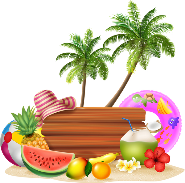 Cartoon summer holiday background with wooden plaque vector 06