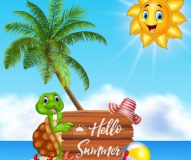 Cartoon summer holiday background with wooden plaque vector 07