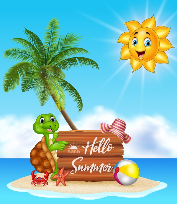 Cartoon summer holiday background with wooden plaque vector 07 free download