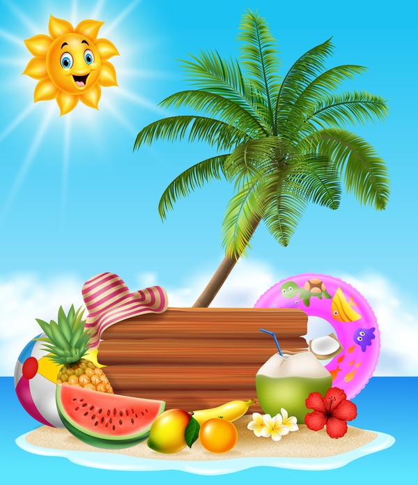 Cartoon summer holiday background with wooden plaque vector 08 free download
