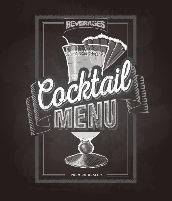 Cocktail menu cover with chalkboard and chalk drawing vector 02