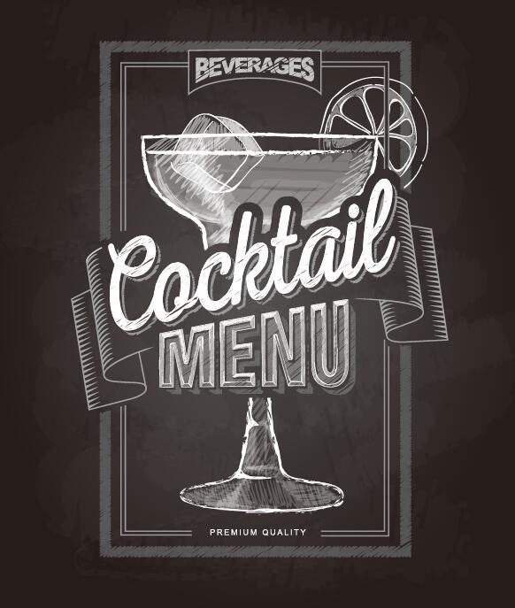 Cocktail menu cover with chalkboard and chalk drawing vector 04