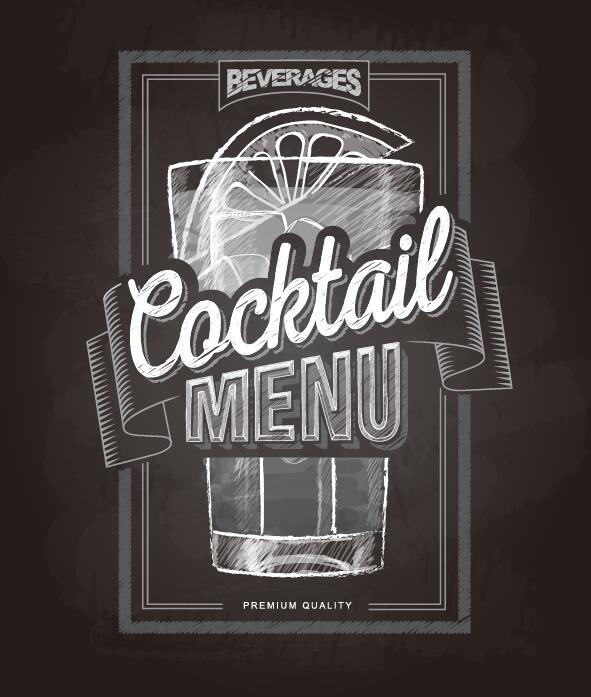 Cocktail menu cover with chalkboard and chalk drawing vector 05