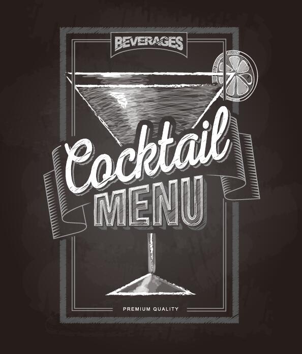Cocktail menu cover with chalkboard and chalk drawing vector 06