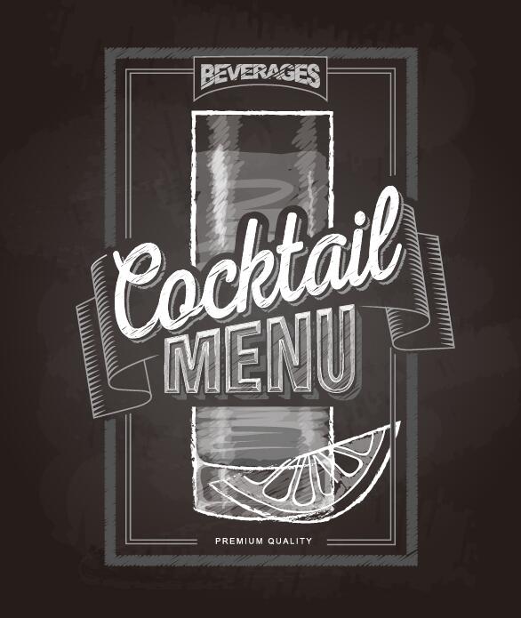 Cocktail menu cover with chalkboard and chalk drawing vector 07