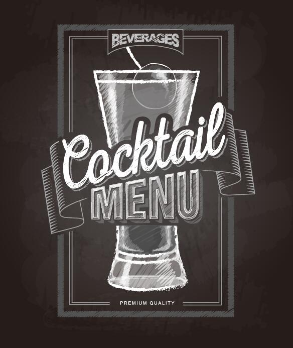 Cocktail menu cover with chalkboard and chalk drawing vector 08