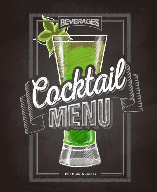 Cocktail menu cover with chalkboard and chalk drawing vector 19